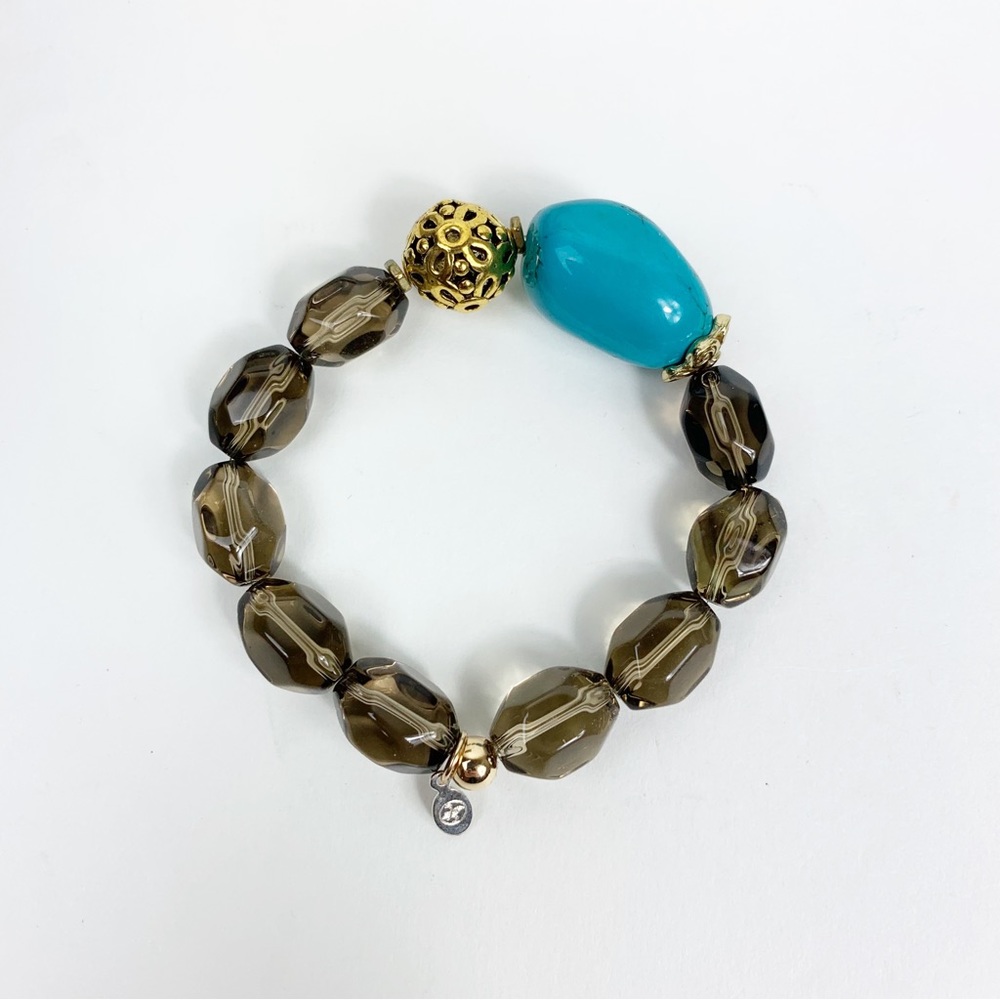 Smoky Quartz Bead Stretch Bracelet with Turquoise Focal Bead
